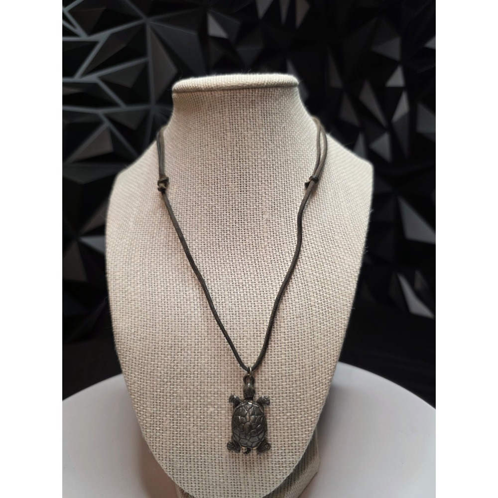 Pewter Sea Turtle Pendant Necklace Adjustable Brown Cord USA Made Beach Jewelry - Picture 1 of 13